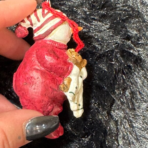 SGE Snowman Ornament Holding Teddy Bear In Red Outfit With Striped Hat - Picture 4 of 6